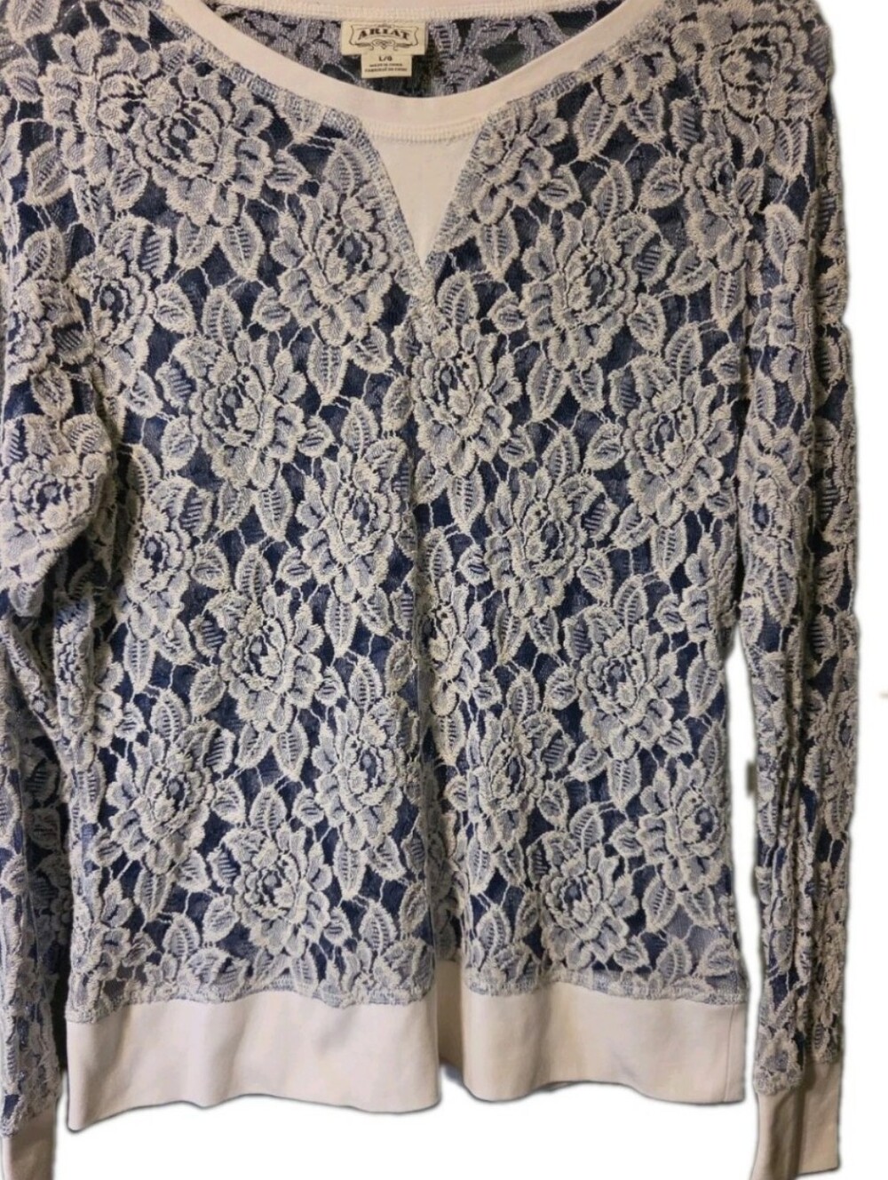 Ariat White Floral Lace Overlay Long Sleeve Top with Navy Underlay - Picture 1 of 4